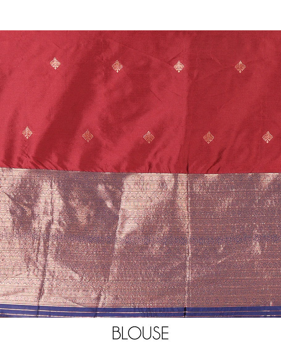 Maroon taffeta silk half-saree, zari buttas and contrast traditional zari bordered skirt, a matching taffeta silk blouse, and contrast embroidered satin georgette  dhavani