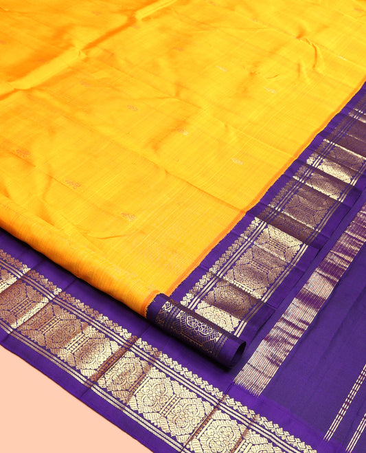 Yellow Kanchipuram Silk Saree, Sparsely Woven with Zari Buttas, Contrast Korvai Traditional Zari Border, Zari Design Pallu, and No Blouse