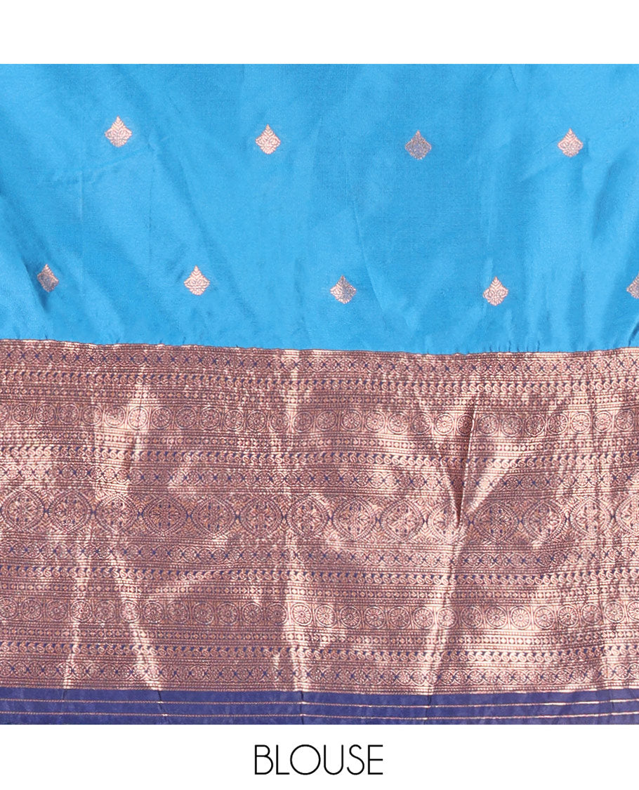 Light Blue and Navy Blue Semi-Banarasi Half-Saree, Spotlighted with Zari Buttas on Its Skirt, Complemented by a Contrast Traditional Zari Designs Woven Border, Paired with a Matching Blouse, and a Contrast Satin Georgette Embroidered Scallop Dhavani
