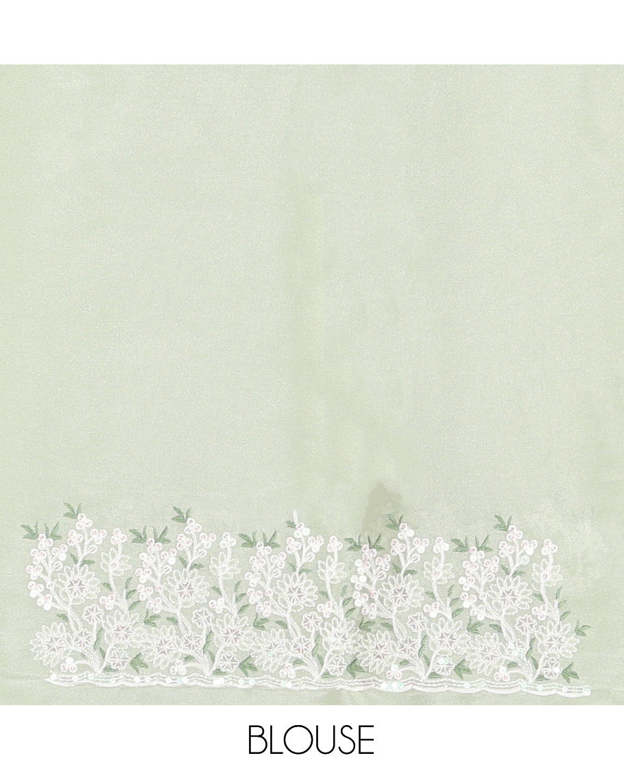 Green Organza Saree, Delicately Woven with Thread Buttas, Scallop Floral Embroidery Border, and Matching Blouse