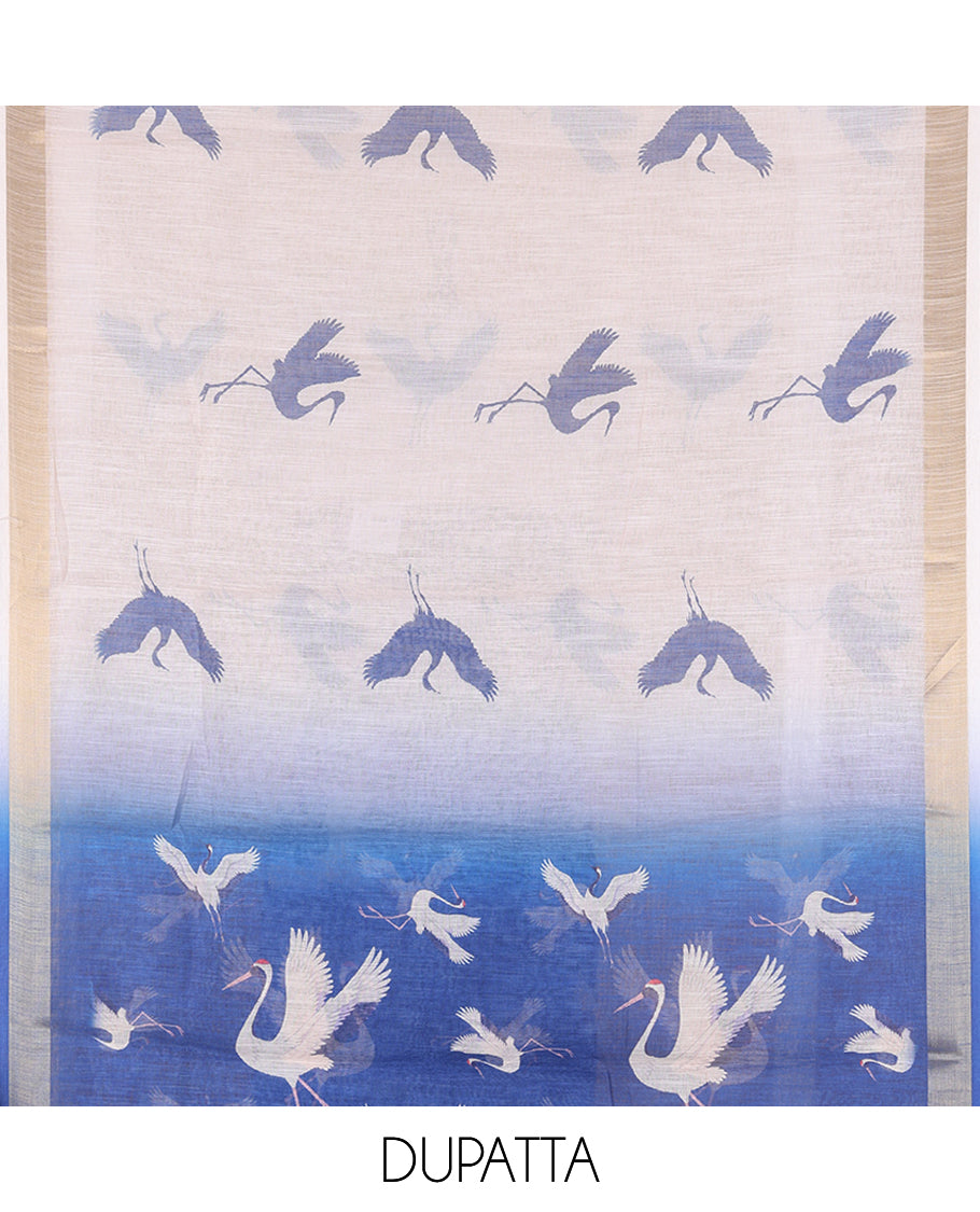 Blue Semi-Linen Material Churidar, Adorned with Heron Motifs Top, a Plain Santoon Bottom, a Contrast Heron Dupatta