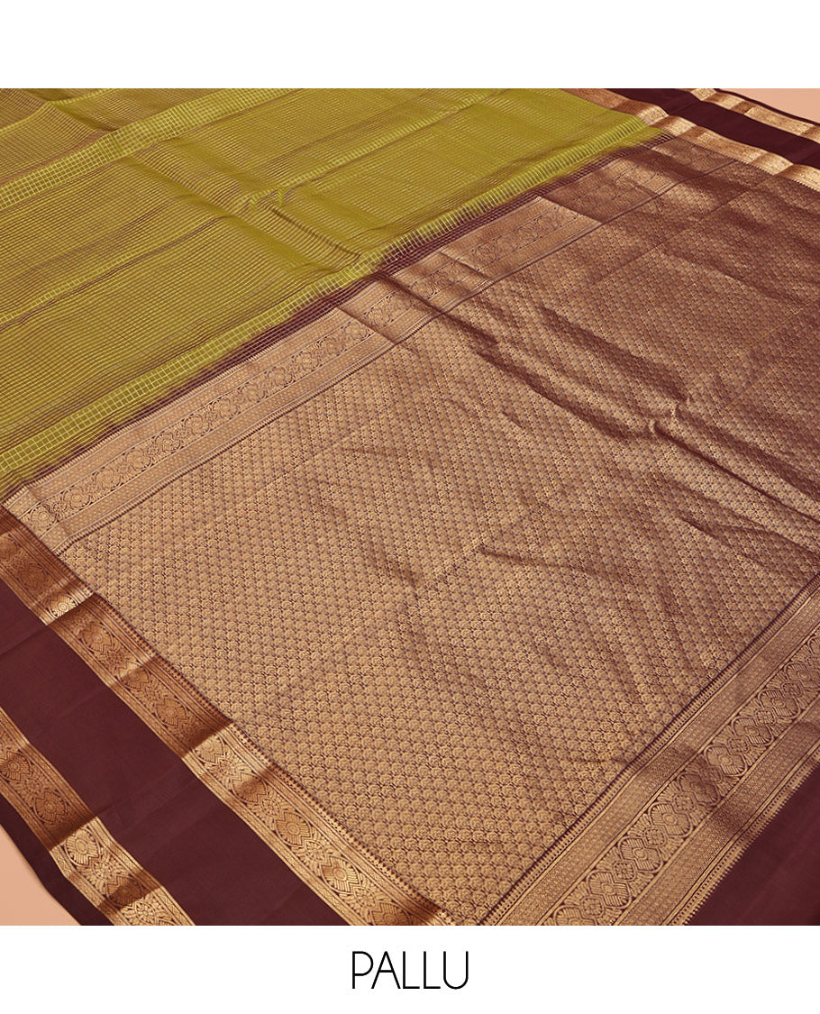 Green Micro-Checked Vasundhara Lite-Silk Mix Saree, Complemented by Contrast Rettai Pettu Traditional Zari Border, Grand Pallu, and a Contrast Blouse