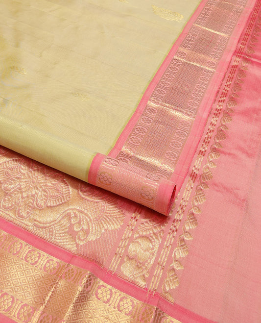 MInt green flower buttas kancheepuram silk saree with contrast poo chakram, mayil kann design & zari design pallu