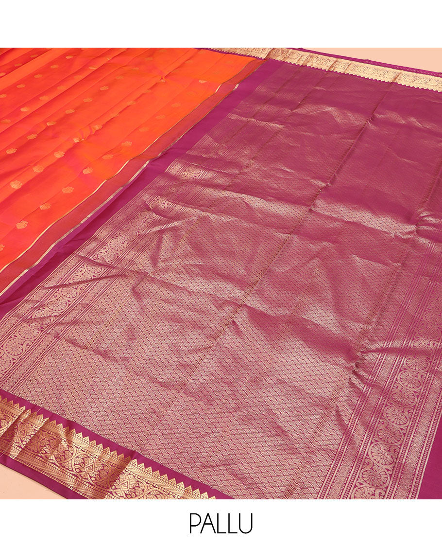 Orange Kanchipuram Silk Saree, Decked Up with Iruthalai Pakshi Buttas on Its Body, Complemented by a Contrast Border of Rekku, Muthu, and Kathir Designs, Grand Jaal Pallu, and Paired with a Contrast Blouse