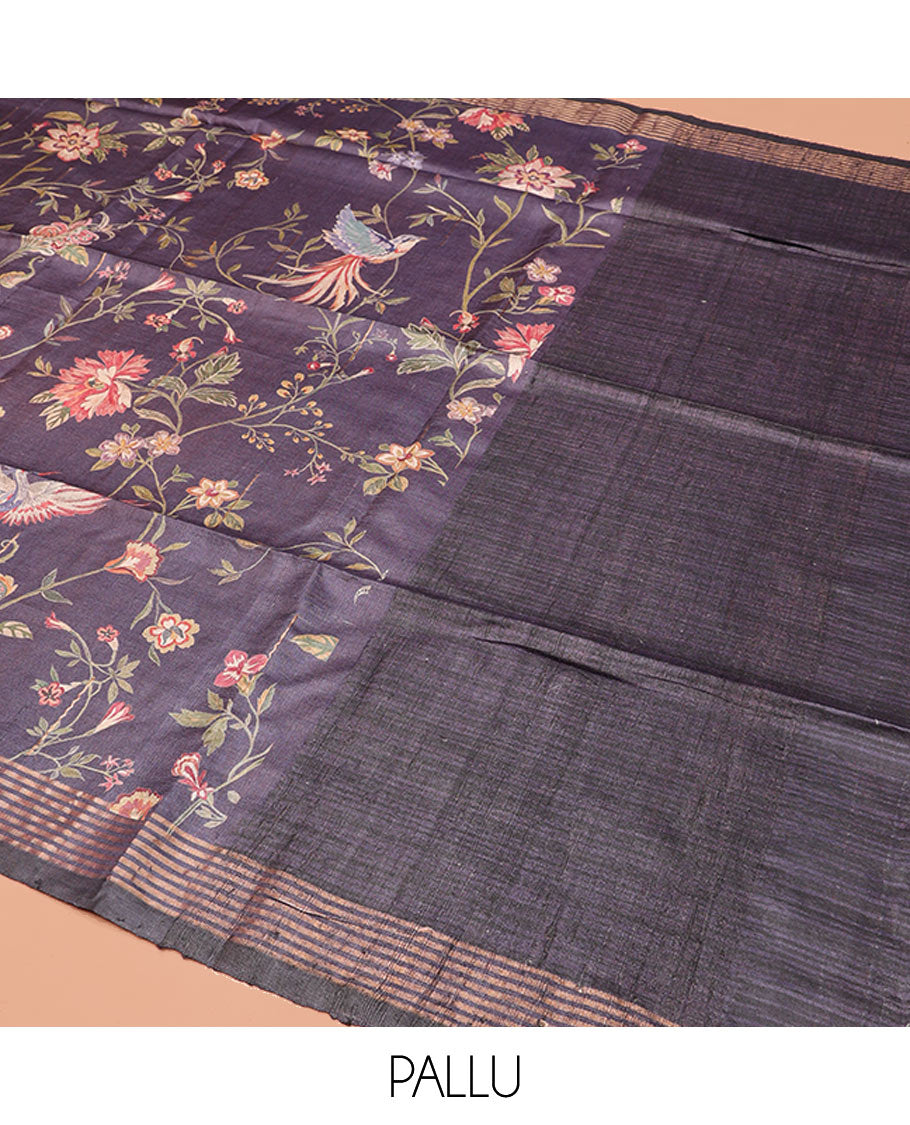 Grey Tussar Silk Saree, Bedecked with Floral-Bird Print, Highlighted by a Zari Border, Contrast Pallu, and a Matching Blouse