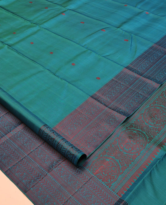 Blue Mayil-Chakra Buttas Kanchipuram Silk Saree, a Traditional Thread Border, Jaal Pallu, Matching Blouse