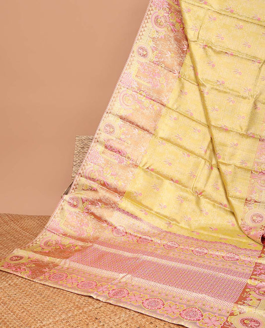 Yellow floral jacquard samudrika silk saree with contrast intricate zari design border & floral zari design pallu