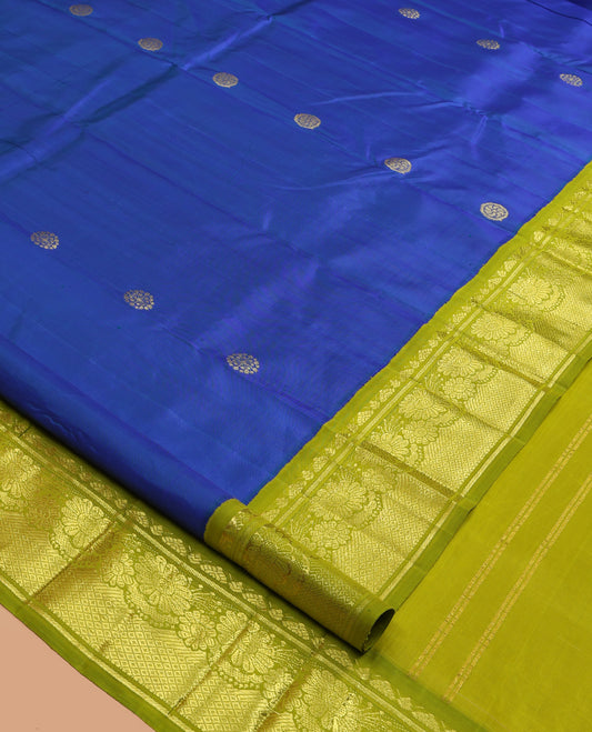 Blue Kanchipuram Silk Saree, Elevated with Zari Buttas, a Contrast Korvai One-Sided Border of Banaras, Kamalam, and Mayil Kann Design, Zari Design Pallu, and No Blouse