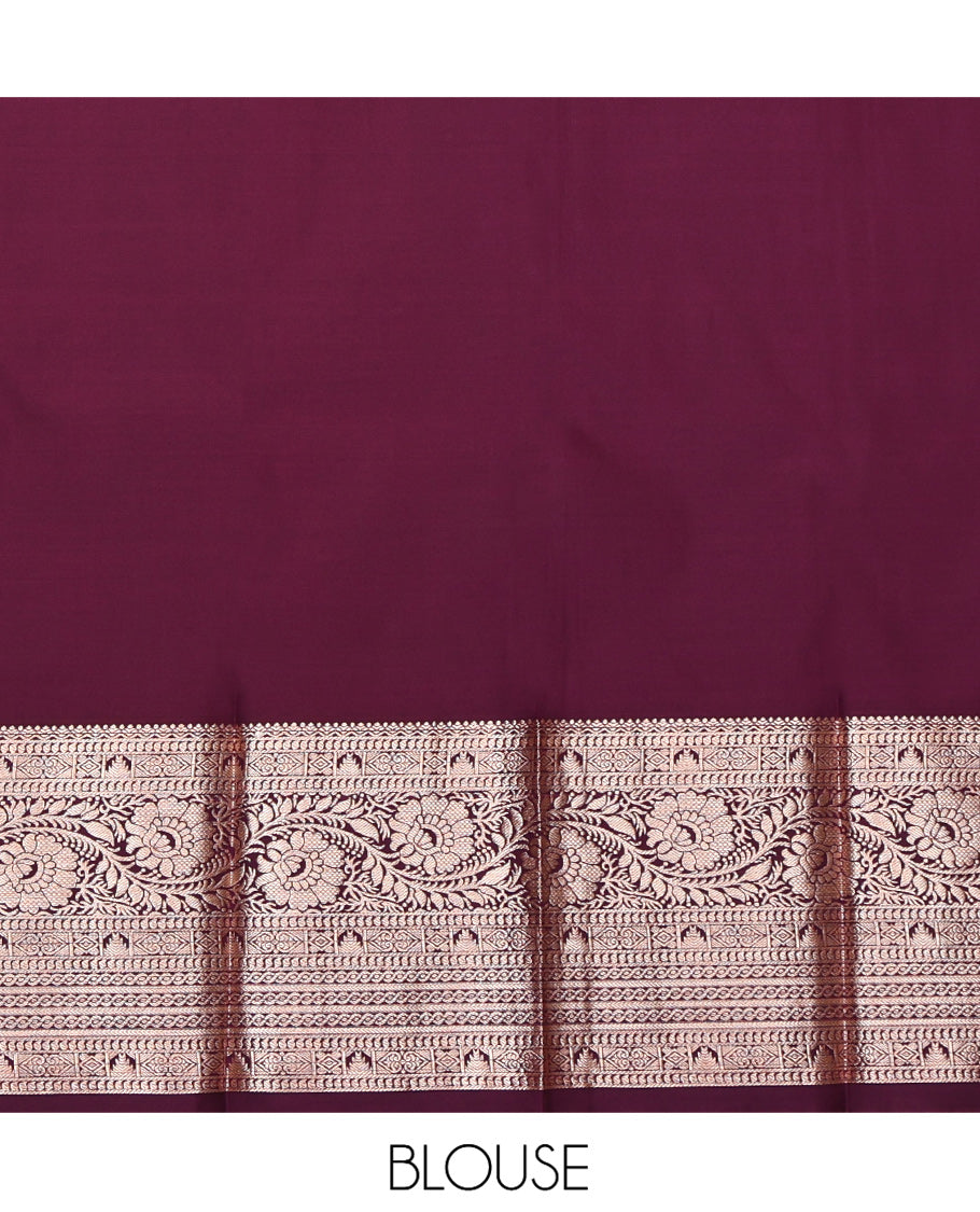Orange Budget Silk Saree, Bedecked with Zari Buttas, Complemented by a Contrast Traditional Zari Border, Grand Pallu, and Contrast Blouse