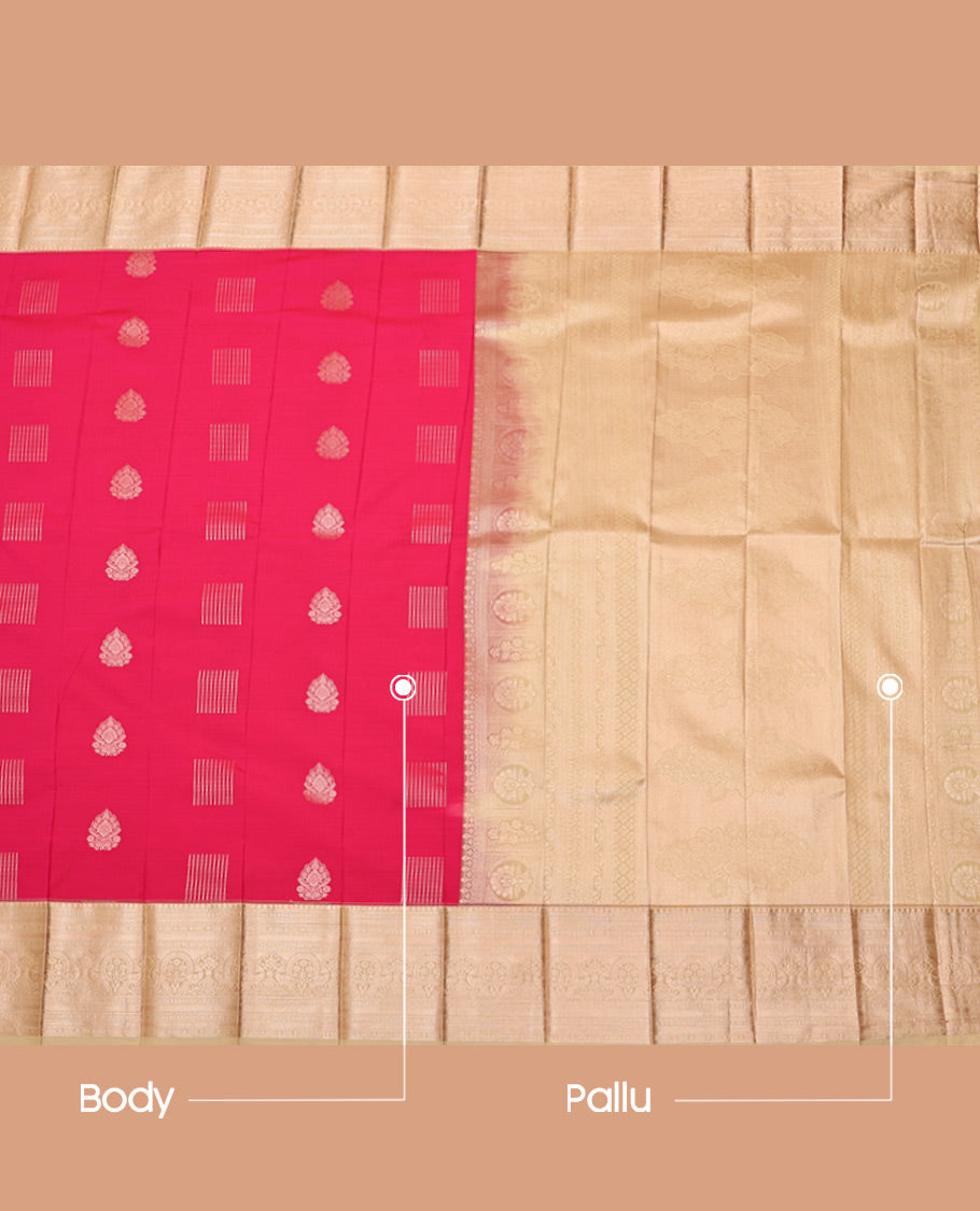 Pink Budget Silk Saree, Elevated with Zari Buttas, Complemented by a Contrast Traditional Zari Border, Grand Pallu, and a Contrast Blouse