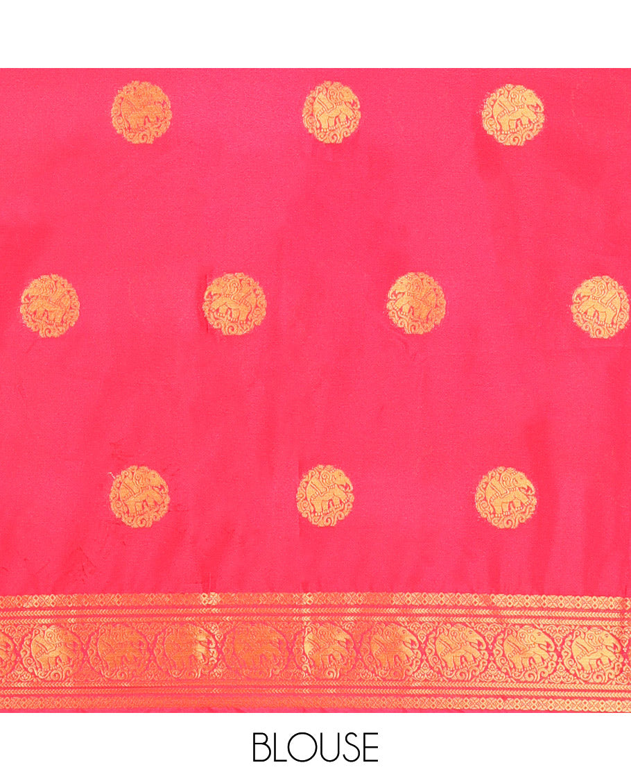 Rani Pink Elephant Buttas Fancy Mysore Silk Saree, Contrast Elephant Border, Contrast Blouse