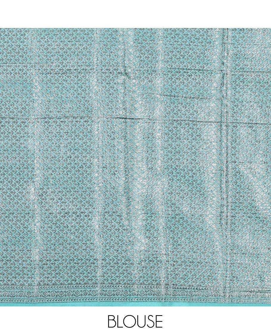 Blue Tussar Silk Saree, Detailed with Zari Buttas and Stripes, a Piping Border, Jaal Pallu, and a Matching Blouse