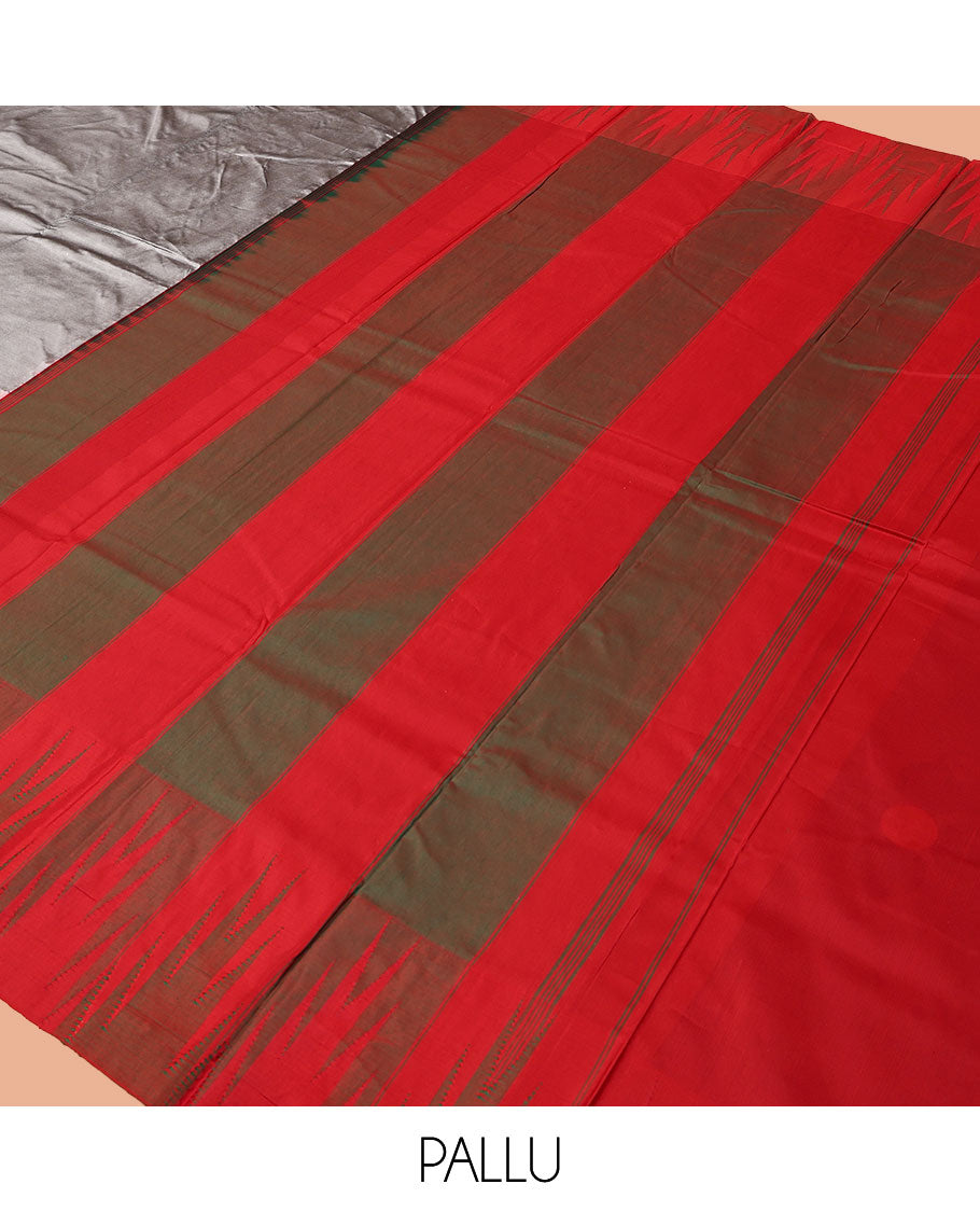 Grey Plain Bangalore Silk Saree, Complemented by a Contrast Temple Border, Pallu of Stripes, and a Contrast Blouse