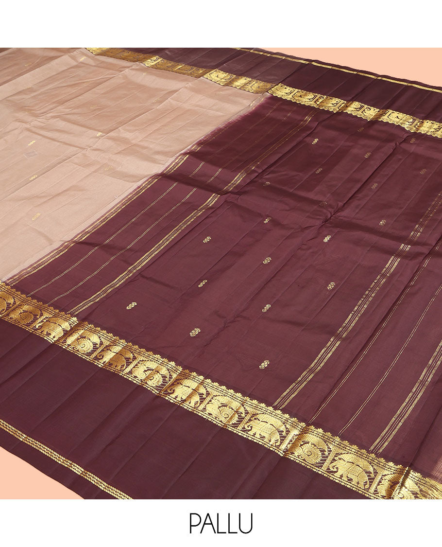 Grey Kanchipuram Silk Saree, Subtly Woven with Buttas, Complemented by a Contrast Rettai Pettu Mayil -Yaanai Border, Pallu of Zari Design, and Contrast Blouse