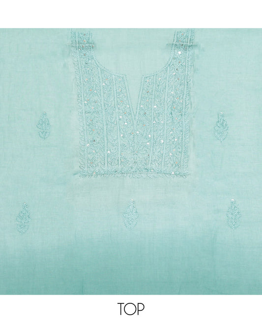 Pale Green Cotton Material Churidar Set, Delicately Designed with Sequined Thread Neck Work Top, a Contrast Plain Bottom, and Thread Dupatta