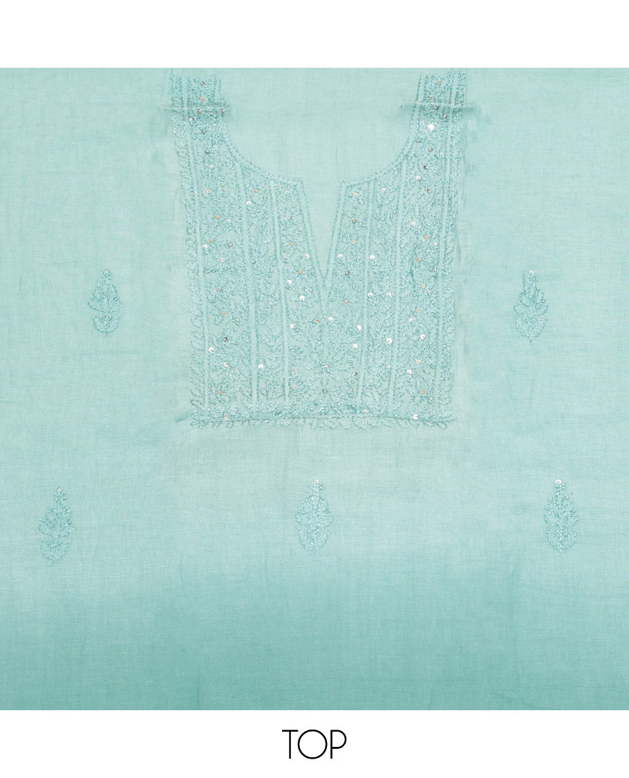Pale Green Cotton Material Churidar Set, Delicately Designed with Sequined Thread Neck Work Top, a Contrast Plain Bottom, and Thread Dupatta