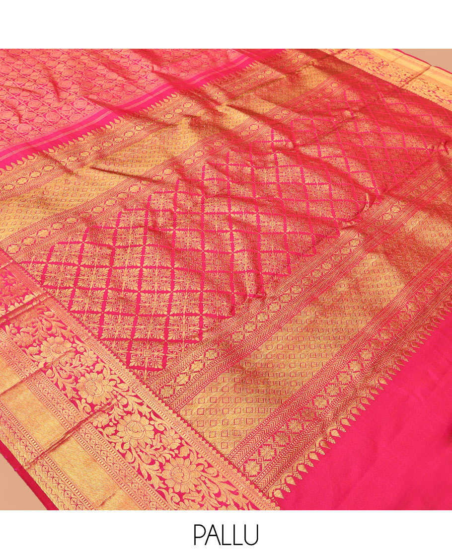 Pink Kanchipuram Wedding Silk Saree, Bedecked with Mayil-Chakram Jacquard Design, Zari Border of Kodi Visiry Designs, Grandly Decked Up Pallu, and a Matching Blouse