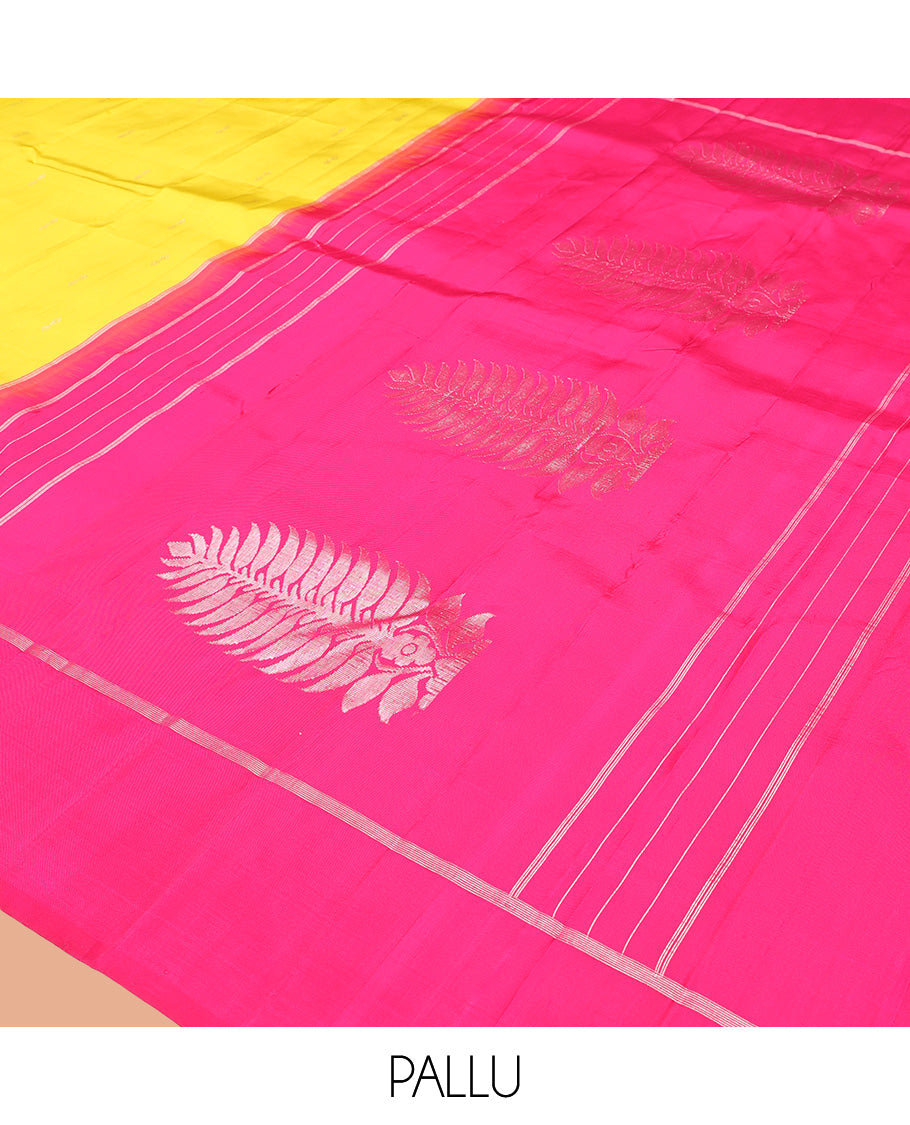 Yellow Kanchipuram Silk Saree, Sparsely Threaded with Zari Buttas, Highlighted by Zari Design Border, Contrast Zari Design Pallu, and a Contrast Blouse