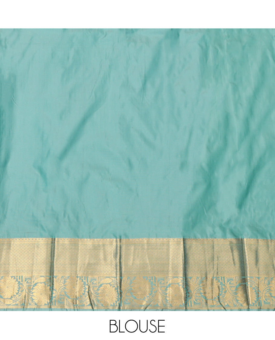 Blue Budget Silk Saree, Woven with Buttas, Complemented by Contrast Floral Creeper Zari Border, Jaal Pallu and a Contrast Blouse