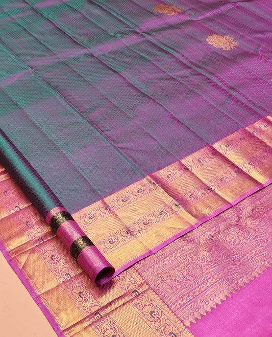 Purple Embossed-Buttas Kanchipuram Silk Saree, a Contrast Kodi Visiry Border, Floral Jaal Pallu, Contrast Blouse