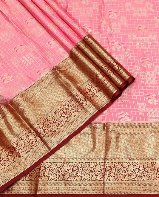 Pink Art Silk Material Half Saree Set, Decorated with Zari Buttas and Checks Skirt, a Contrast Traditional Design Border, Contrast Blouse, and an Intricate Dhavani