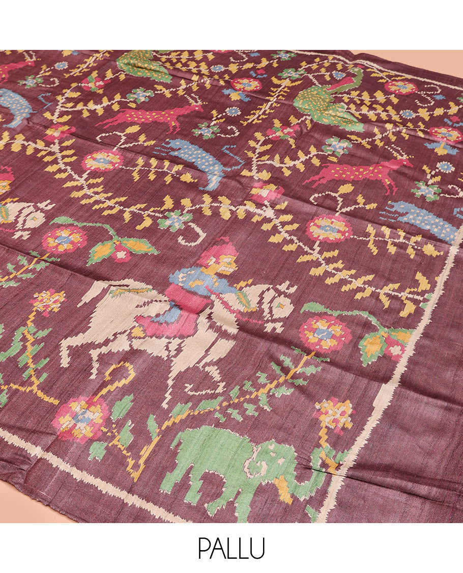 Brown Tussar Silk Saree, Artfully Detailed with Flora, Fauna, and Human Figurines Print on Its Body, a Subtle Border, Pallu Mirrors the Same Print, and Paired with a Matching Blouse