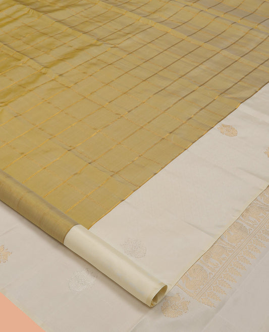 Gold Kanchipuram Silk Saree, Enriched with Zari Checks, a Contrast Zari Border, Grand Jaal Pallu, and a Contrast Blouse
