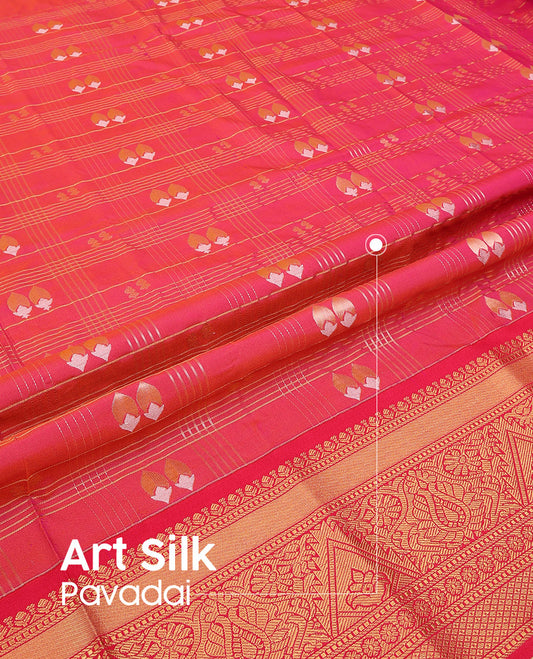 Pink Art Silk Pavadai Material Set, Artfully Detailed with Floral Bud Buttas and Zari Checks All Over Its Skirt, Highlighted with Traditional Zari Design Border, and Paired with a Matching Blouse