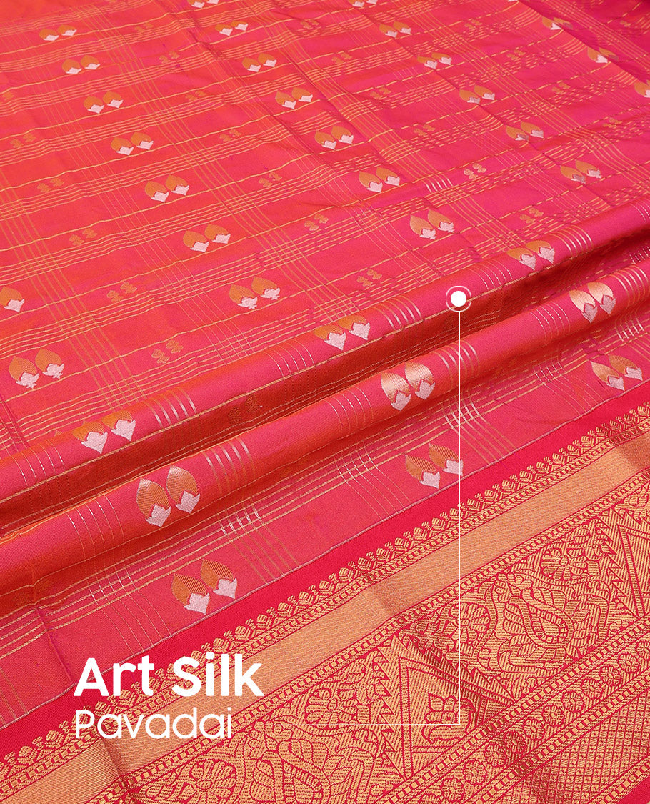 Pink Art Silk Pavadai Material Set, Artfully Detailed with Floral Bud Buttas and Zari Checks All Over Its Skirt, Highlighted with Traditional Zari Design Border, and Paired with a Matching Blouse