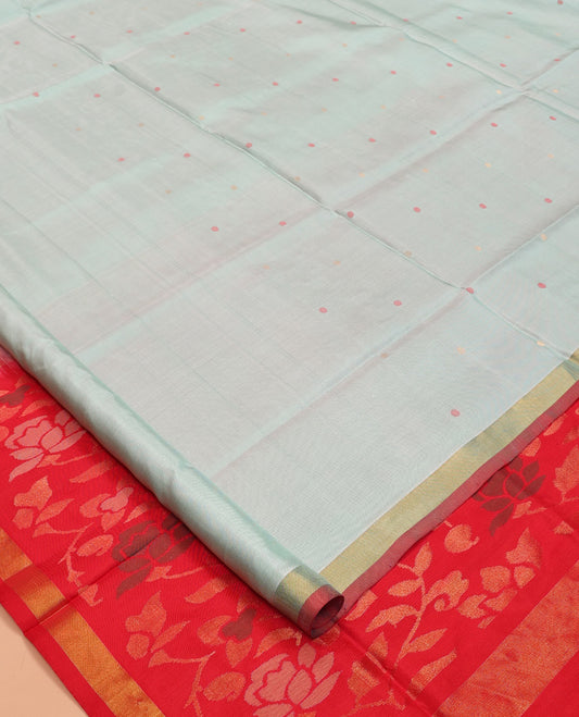 Blue Uppada Silk Saree, Embellished with Thread Buttas, Complemented By Contrast Bavanji Border, Grand Floral Vine Pallu, and a Contrast Blouse