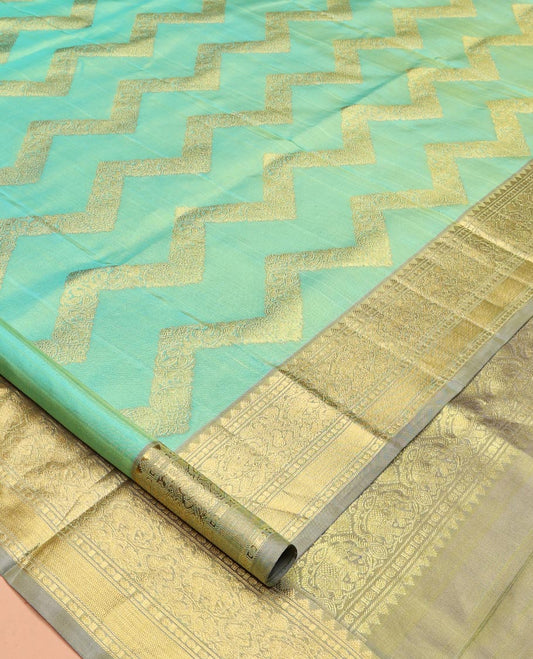 Turquoise Chevron Striped Venkatagiri Silk Saree, Contrast Traditional Border, Jaal Pallu, Contrast Blouse