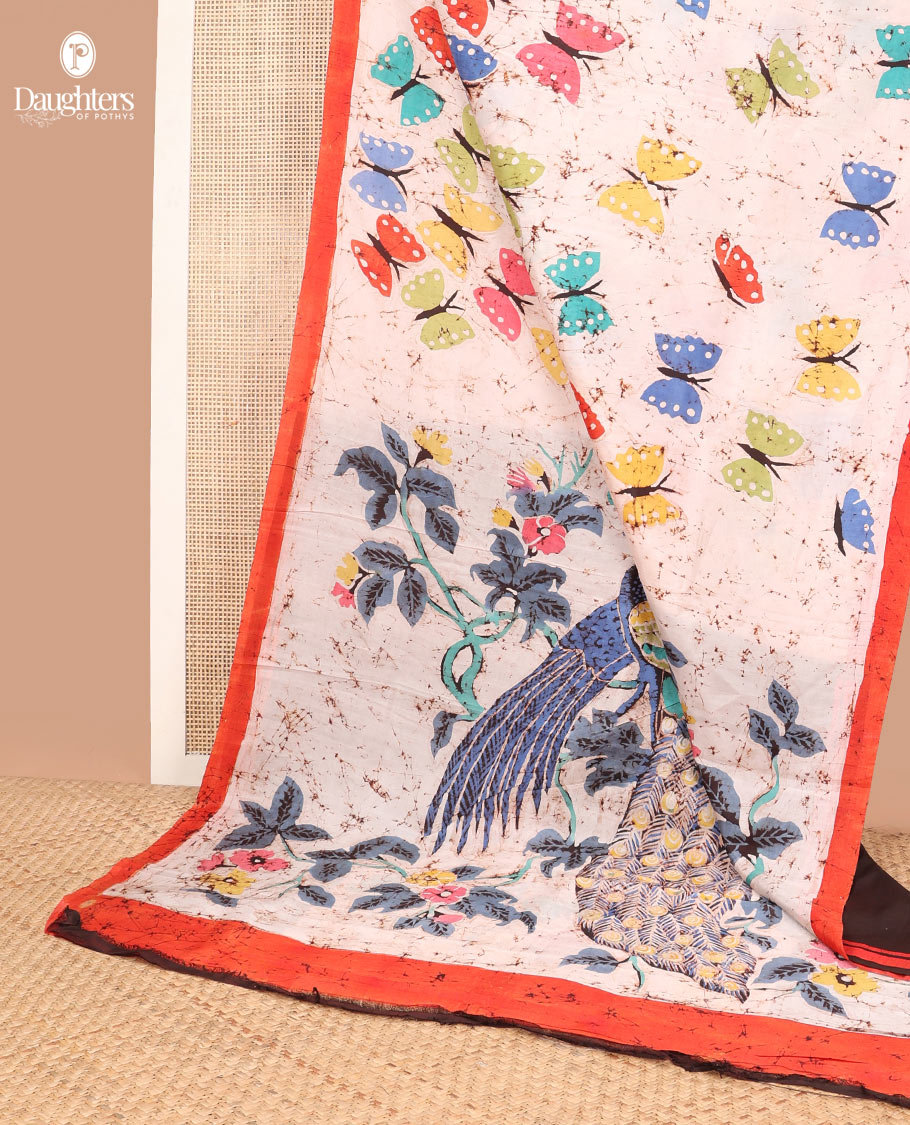 White butterfly motifs crepe saree with contrast border & peacock design pallu