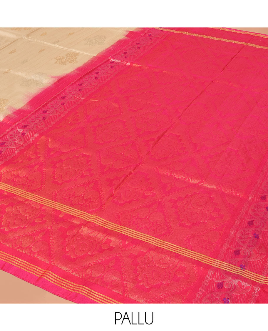 Sandal Uppada Silk Saree Featuring Zari Stripes and Buttas, Complemented by Contrast Sparsely Woven  Border of Zari Floral Motifs, Contrast Pallu Decked Up with Jaal Designs, and Paired with a Contrast Blouse