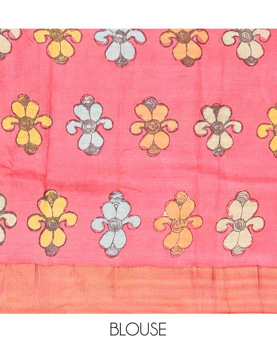 Green Floral-Peacock Pen Kalamkari Silk Saree, a Contrast Border, Human Motifs Pallu, Contrast Blouse