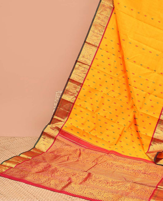 Orange floral buttas kancheepuram silk saree with contrast korvai intricate zari design & floral zari design pallu