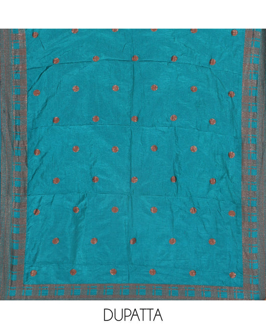 Blue Material Chudidar Set Decorated with Copper Zari Checks Semi-Modal Silk Top, Subtly Made Plain Santoon Bottom, and a Semi-Modal Dupatta Featuring Polka Dots in Zari