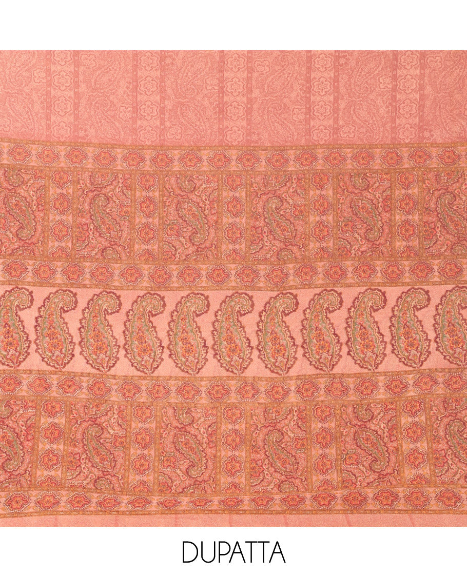 Light Pink Material Chudidar Set Intricately Printed with Paisley Motifs on the Italian Crepe Top, Subtly Negative Printed Bottom, and Italian Crepe Dupatta of the Same Paisley Prints