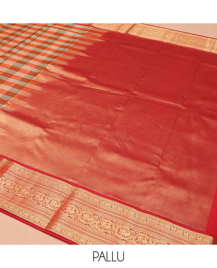 Grey-Orange Striped Vasundhara Lite Silk Mix Saree, Gleamed Up with a Zari Checks on Its Body, Complemented by a Contrast Border of Rekku, Diamond, Mayil, and Kodi Mayil Designs, Gleaming Zari Pallu, and Paired with a Contrast Blouse