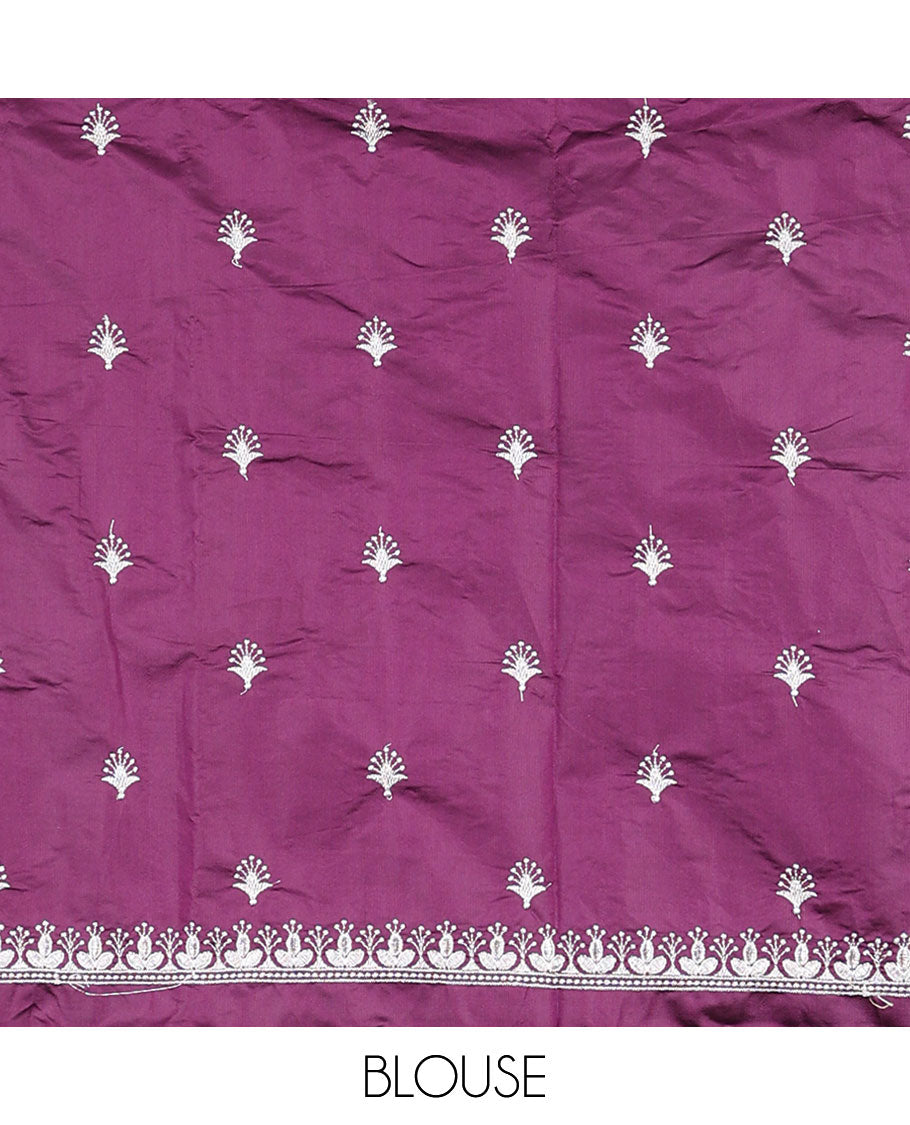 Purple floral jacquard half saree with self intricate zari design border, embroidered blouse & floral embroidery scallop border dhavani