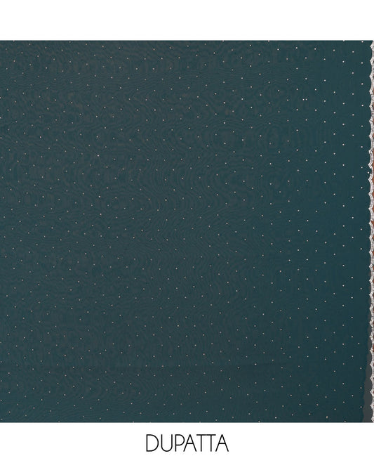 Rama color material chudidar set, silver stone embroidered with neck bead work georgette top, santoon plain botom, and scallop swarovski stone work dupatta