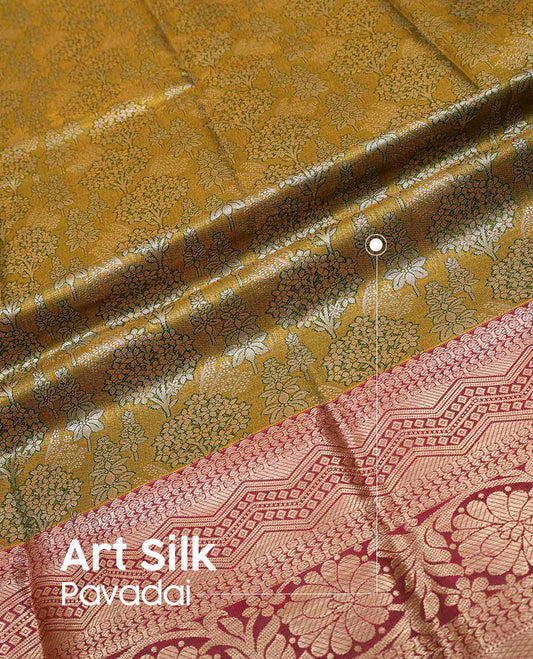 Mustard floral design art silk pavadai material with contrast zari design border & floral zari design blouse