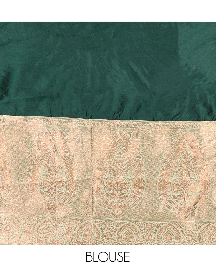 Green Semi-Banaras Half-Saree, Plain Contrast Intricate-Bordered Skirt, Matching Blouse, Contrast Dhavani