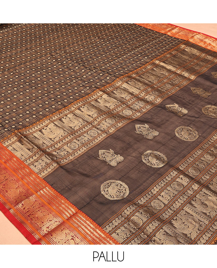 Green Buttas-Checked Kuppadam Silk Saree, a Contrast Peacock-Yazhi Border, Grand Pallu, a Matching Blouse