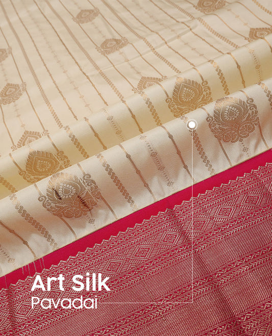 Sandal art silk pavadai material set, zari design pavadai, contrast blouse & border of traditional zari designs