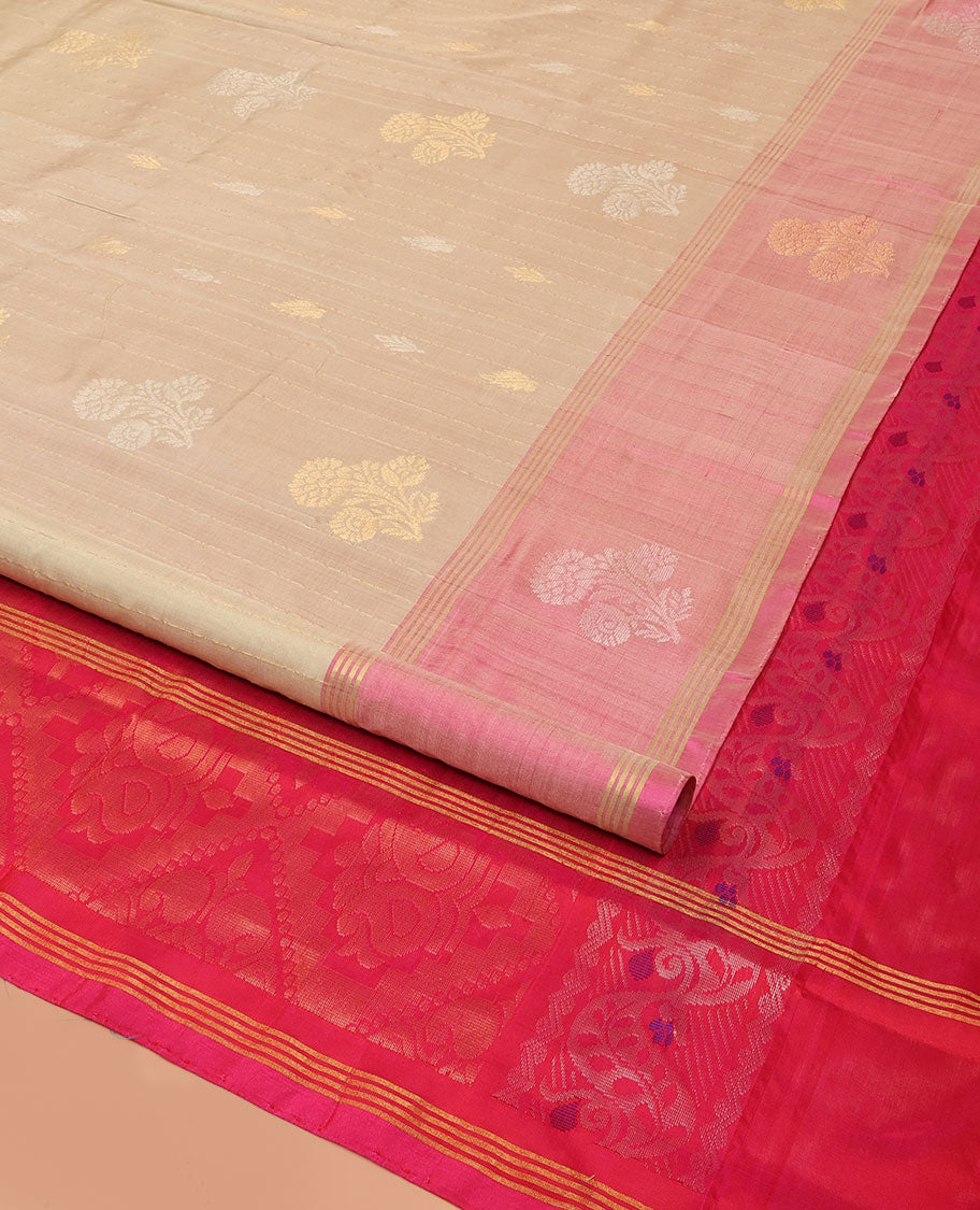 Sandal Uppada Silk Saree Featuring Zari Stripes and Buttas, Complemented by Contrast Sparsely Woven  Border of Zari Floral Motifs, Contrast Pallu Decked Up with Jaal Designs, and Paired with a Contrast Blouse