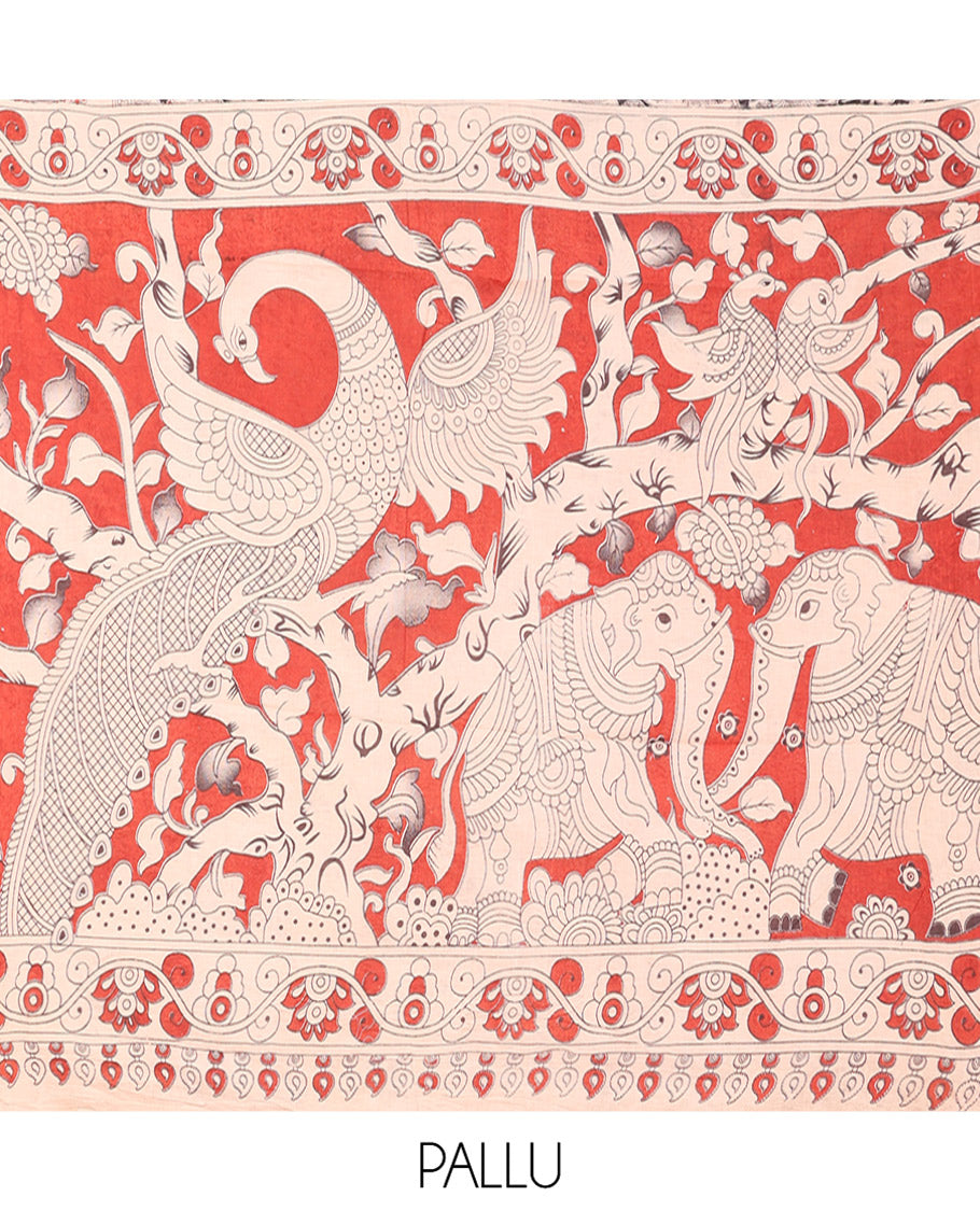 Black Machine-Printed Kalamkari Cotton Saree Features Flora-Fauna Design, Contrast Round Peacock Printed Border, Pallu of Fauna Design, and a Contrast Blouse