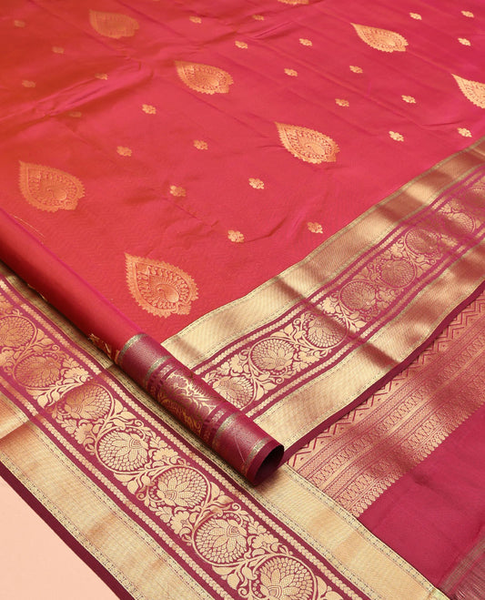 Red Vasundhara Lite Silk Mix Saree, Woven with Zari Buttas, a Contrast Border of Kodi Visiri Designs, Grand Vanki Pallu, and a Contrast Blouse