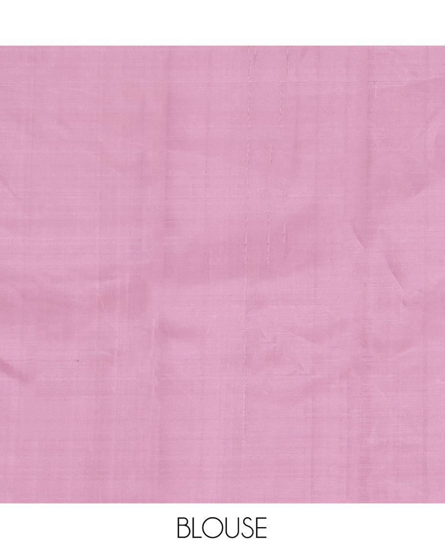 Pink Kanchipuram Silk Saree, Beautified with Arumbu Manga Zari Buttas All Over Its Body, Highlighted by a Zari Piping Border, Pallu of Jaal and Mayil Designs, and Paired with a Matching Blouse