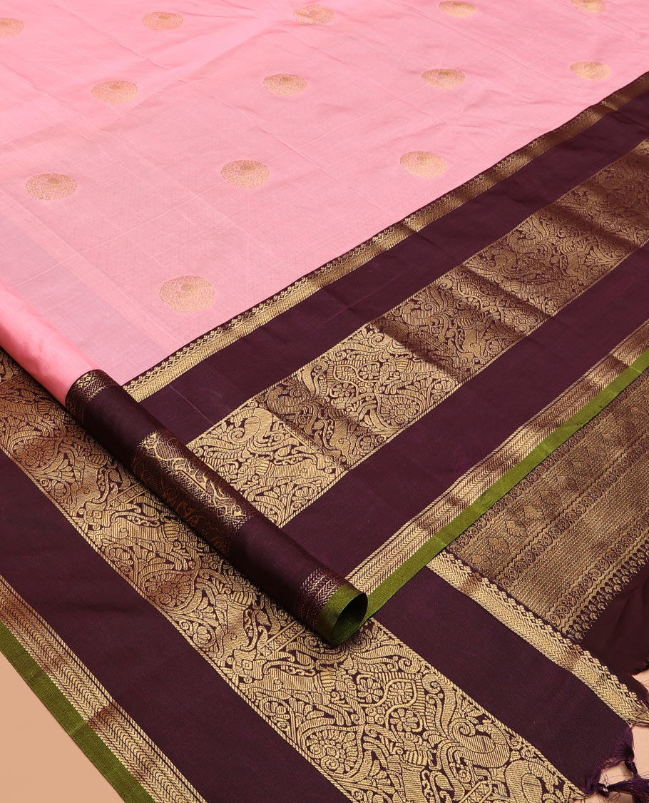 Pink-Brown Zari Buttas Vasundhara Lite Silk Mix Saree, Contrast Mayil-Yaali Border, Jaal Pallu, a Contrast Blouse