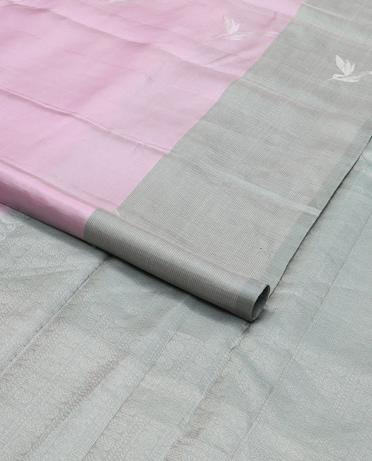 baby pink motifs mayuri soft silk saree with contrast checked, bird design border & intricate zari design pallu